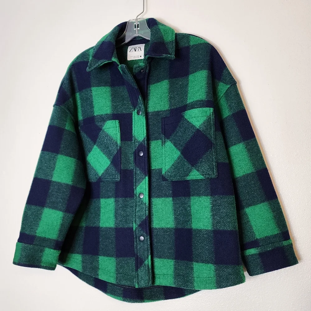 Zara Buffalo Plaid Jacket Green Navy Shacket Winter Thick Flannel Street Wear